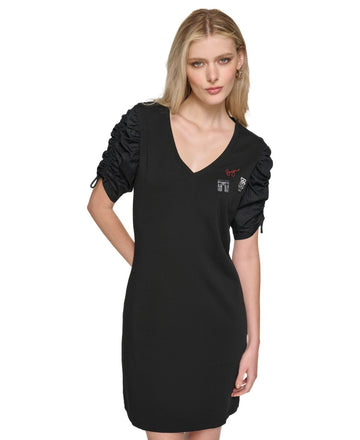 KARL LAGERFELD PARIS BLACK Ruched-Sleeve T-Shirt Dress SIZE XL $99