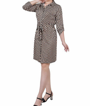 NY Collection Womens Petites Printed Shirtdress Beige Size PM