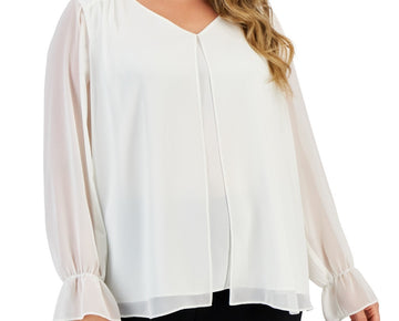 Kasper Plus Size 2X Double-Layer Long-Sleeve Chiffon Top Ivory MSRP $89