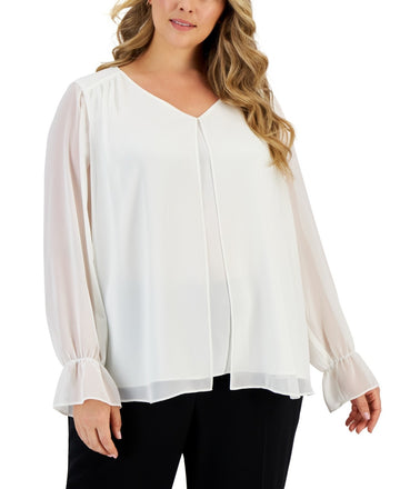 Kasper Plus Size 2X Double-Layer Long-Sleeve Chiffon Top Ivory MSRP $89