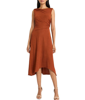 Maggy London Women's Round-Neck Gathered High-Low Dress Brown Size 6 MSRP $138