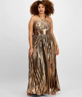 City Studios Trendy Plus Size 14W Metallic Pleated Gown Rose Gold MSRP $129