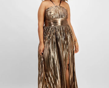 City Studios Trendy Plus Size 14W Metallic Pleated Gown Rose Gold MSRP $129