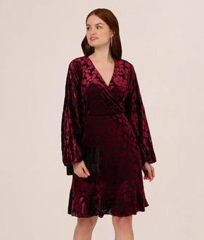 Adrianna Papell Women Velvet Burnout Faux-Wrap Dress Red Burgundy Size 12 $149