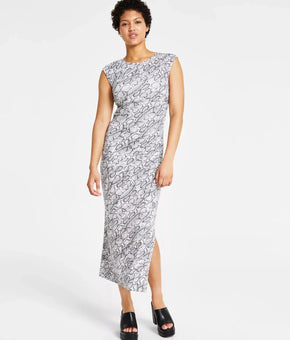 Bar III Petite Printed Side-Ruched Midi Dress White Gray Size PS