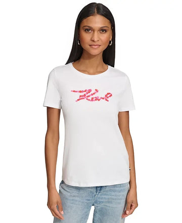 KARL LAGERFELD PARIS Women's Floral Short-Sleeve Graphic T-Shirt White Size M