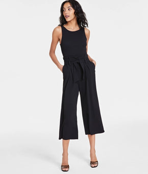 Bar III Petite Sleeveless Crewneck Tie-Waist Jumpsuit Black Petite Size PS $60