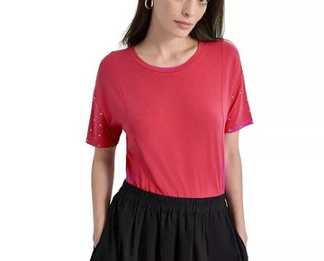 DKNY Womens Crewneck Embellished-D TOP SHIRT ORANGE PINK Size L MSRP $59