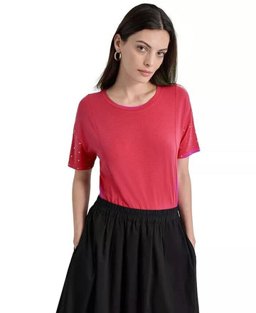DKNY Womens Crewneck Embellished-D TOP SHIRT ORANGE PINK Size L MSRP $59