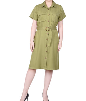 NY Collection Petite Short Sleeve Safari Style Dress Olive Green Size PM