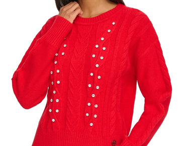 KARL LAGERFELD PARIS Women's Rhinestone Cable-Knit Sweater Red Size L MSRP $99