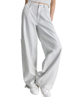 DKNY Jeans Women's High-Rise Wide-Leg Metallic Cargo Pants Silver Size 24 $89