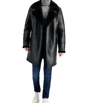 Guess Mens Faux Leather Faux Fur Long Coat Black Size XL