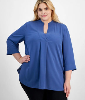 Anne Klein Blouse Womens Plus Size 2X Blue Jay V-Neck Pleat 3/4 Sleeve Top $99