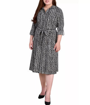 NY Collection Plus Size 1X Printed Shirt Dress Black Beige Self-tie belt