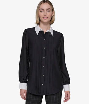 KARL LAGERFELD PARIS Women's Pintucked Blouse Black Size L MSRP $109