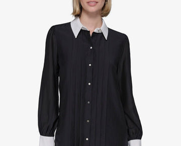 KARL LAGERFELD PARIS Women's Pintucked Blouse Black Size L MSRP $109