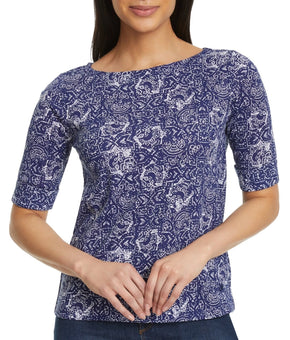 Gloria Vanderbilt Women's Alanis Boat Neck Elbow-Sleeve T-Shirt Blue Size XS