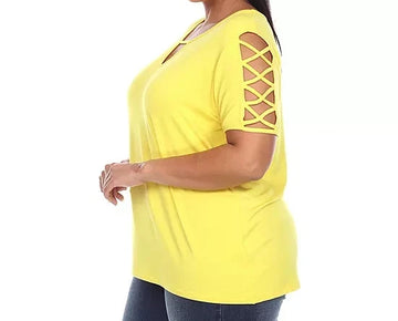 White Mark Womens Keyhole Neck Short Sleeve Tunic Top Yellow Size 3XL MSRP $52