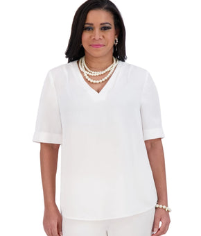 Kasper Women's V-Neck Pleated-Shoulder Elbow-Sleeve Top White Size M MSRP $59