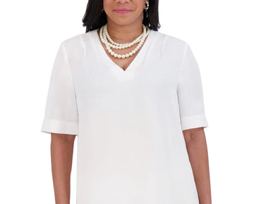 Kasper Women's V-Neck Pleated-Shoulder Elbow-Sleeve Top White Size M MSRP $59