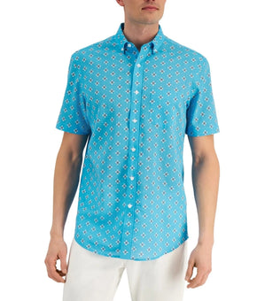 Club Room Shirt Men Size S Blue Linen Blend Floral Button-Up Short Sleeve $50