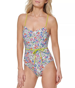 Tommy Hilfiger Women's Adjustable Tie Belt One Piece Swimsuit White Size 12