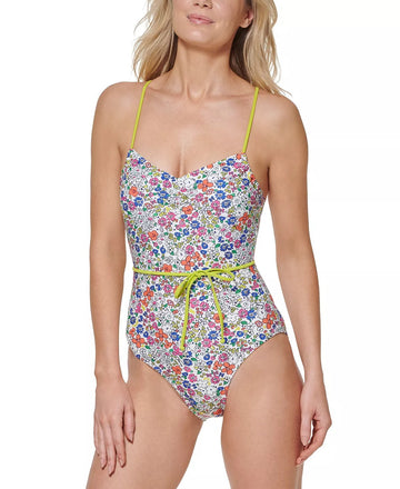 Tommy Hilfiger Women's Adjustable Tie Belt One Piece Swimsuit White Size 12