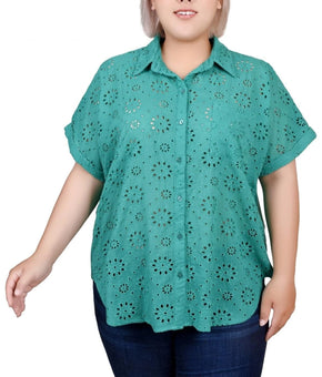 NY Collection Blouse Womens Plus Size 1X Green Eyelet Collared Button Top NWT