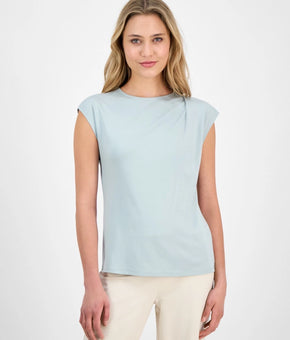 Anne Klein Women's Pleated Cap-Sleeve Top Soft Aloe Blue Size L MSRP $59