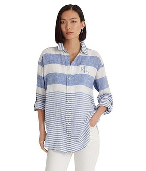 LAUREN Ralph Lauren Petite Striped Oversize Linen Shirt Blue Size PL MSRP $145