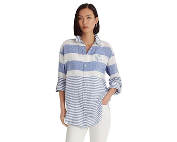 LAUREN Ralph Lauren Petite Striped Oversize Linen Shirt Blue Size PL MSRP $145