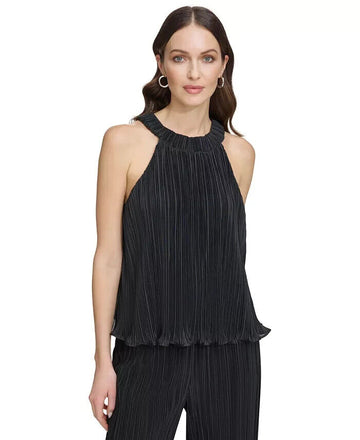 DKNY Womens Faux Leather Pleated Blouse Size XL MSRP $69 BLACK