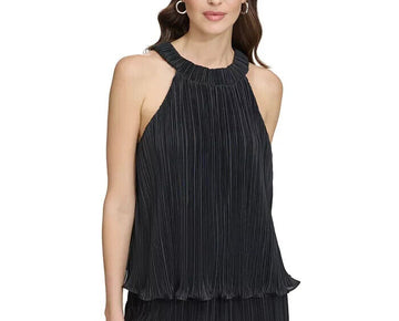 DKNY Womens Faux Leather Pleated Blouse Size L MSRP $69 BLACK