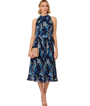 Adrianna Papell Women's Floral Pleated Chiffon Dress Blue Size 10 MSRP $189