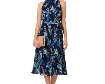 Adrianna Papell Women's Floral Pleated Chiffon Dress Blue Size 10 MSRP $189