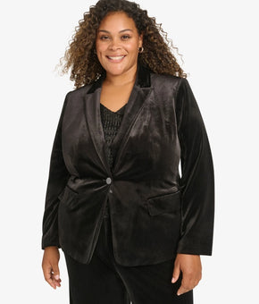 Calvin Klein Velvet Peak-Lapel Single-Button Blazer Black Plus Size 14W $159