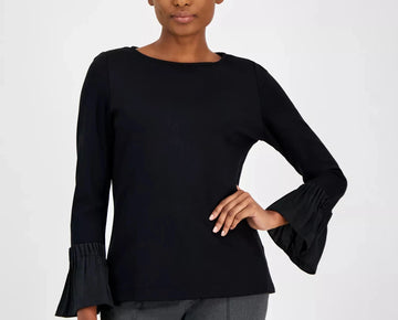 Anne Klein Women's Serenity Boat-Neck Long-Sleeve Top Black Size L MSRP $89