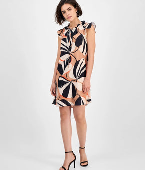 Robbie Bee Women's Printed Ruffle-Neck Cap-Sleeve Dress Beige Black Size L $69