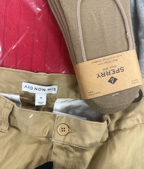 Men's Clothing Assorted Wholesale Lot, SPERRY, POLO RALPH LAUREN, AND NOW THIS, SUN + STONE, HEAT HOLDERS and more, 10 items, Shelf Pulls, MSRP $404