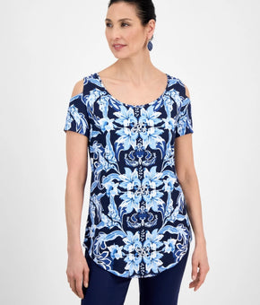 JM Collection Women's Printed Short-Sleeve Cold-Shoulder Top Blue Size XS