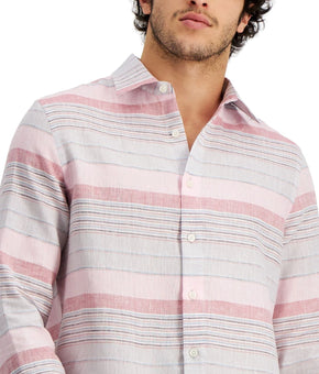 Club Room Men's Regular Fit Stripe 100% Linen Shirt Pink Size XL Size XL $70