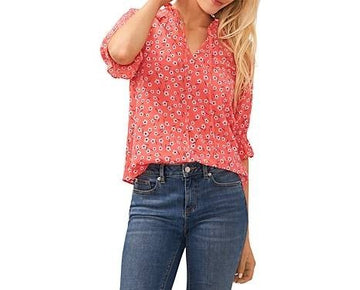 CeCe Women's 3/4-Sleeve Tie Neck Floral Print Blouse Pink Coral Size S MSRP $79
