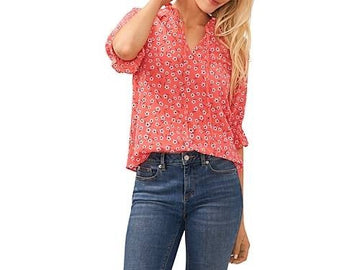 CeCe Women's 3/4-Sleeve Tie Neck Floral Print Blouse Pink Coral Size S MSRP $79