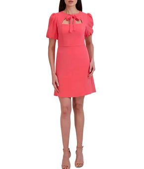 Julia Jordan Dress Womens Size 2 Coral Pink Puff Sleeve Bow Keyhole Flare $119