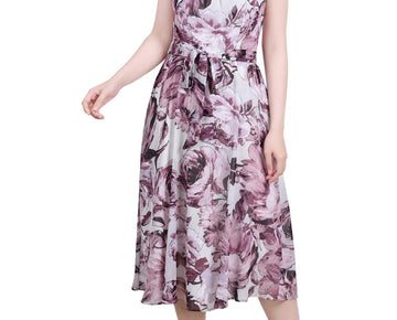 NY Collection Womens Petites Chiffon Printed Midi Dress Size L Petite Purple