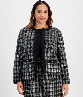Kasper Plus Size Tipped Tweed Collarless Jacket Black White Size 22W MSRP $149