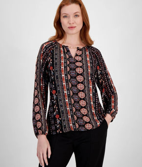 Tahari Blouse Womens Petite Size PS Black Spanish Garden Floral Keyhole $78