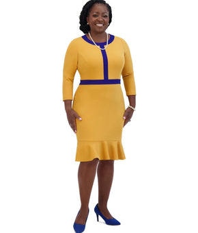 Kasper Women's Ruffled-Hem 3/4-Sleeve Contrast-Trim Dress Yellow Size M MSRP $99