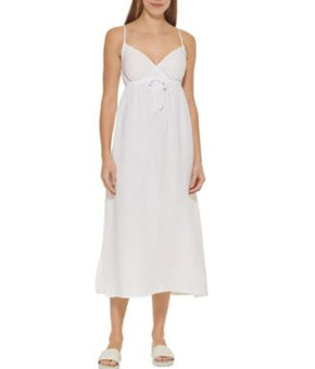 DKNY Women's V Neck Front Tie Maxi Dress Cover Up Swimsuit White Size S